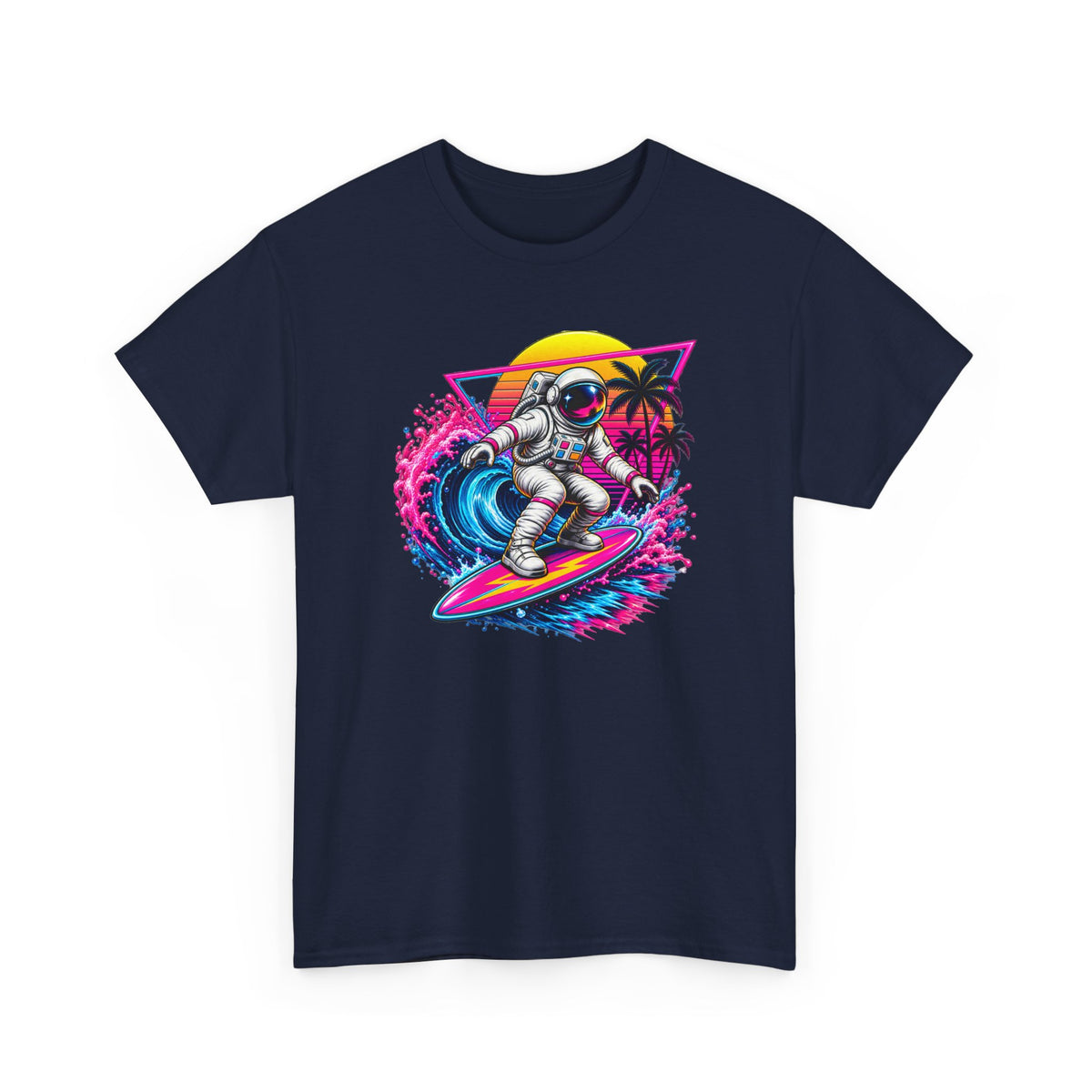 Surfing Astronaut T-Shirt | Space Surfer Graphic Tee, Retro Wave Palm Design