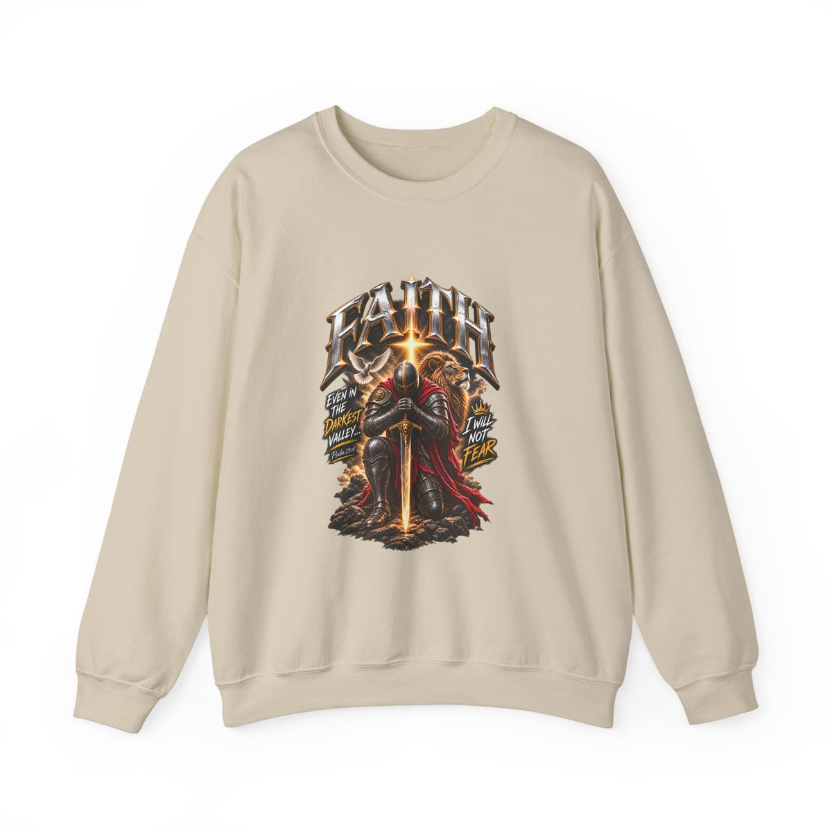 Faith Knight Graphic Sweatshirt – Medieval Sword & Shield Christian Design