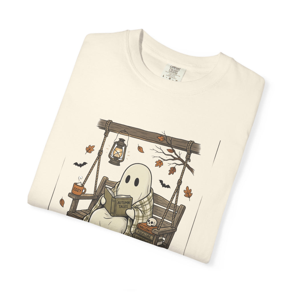 Cozy Ghost Reading T-Shirt | Cute Halloween Fall Tee.