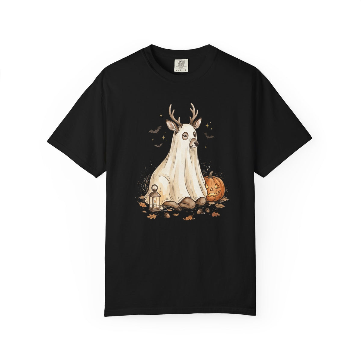 Deer Ghost Halloween Tee | T-Shirt with Jack-o'-Lantern and Bats