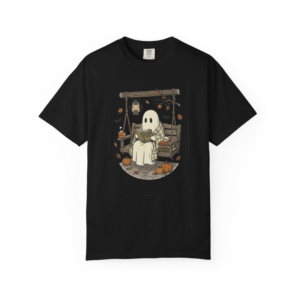 Cozy Ghost Reading T-Shirt | Cute Halloween Fall Tee.