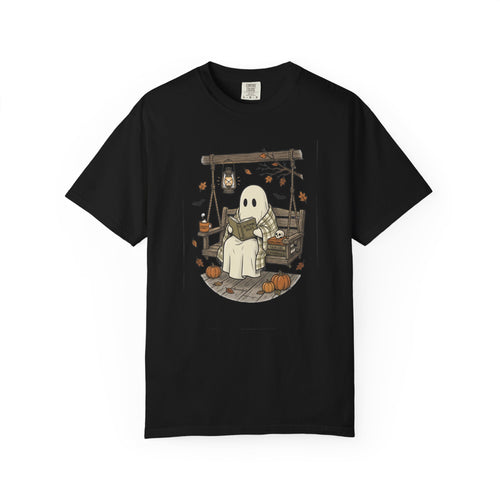 Cozy Ghost Reading T-Shirt | Cute Halloween Fall Tee.