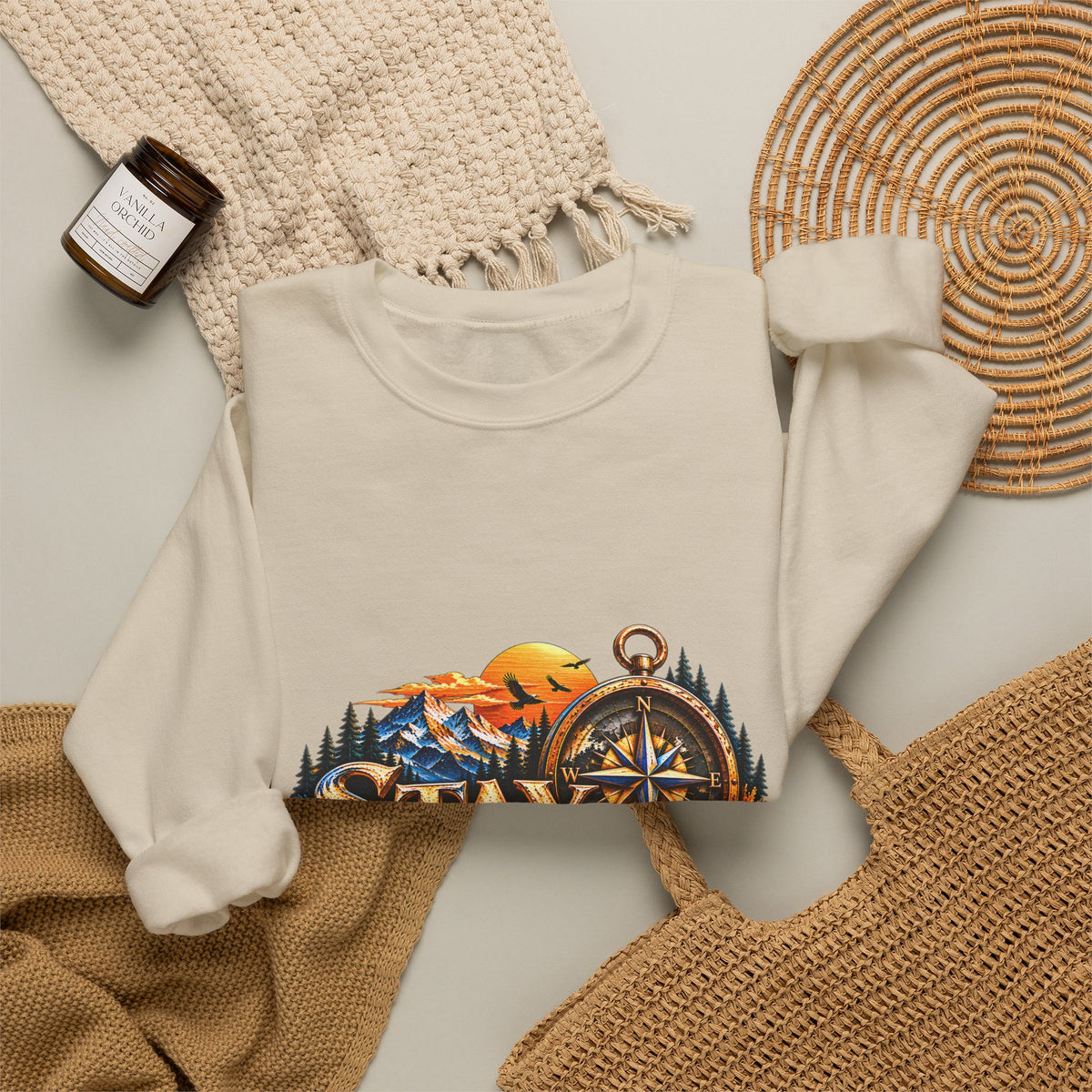 Stay Focused Sweatshirt | Compass & Mountain Graphic Unisex Crewneck