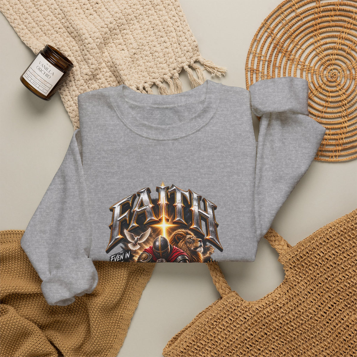 Faith Knight Graphic Sweatshirt – Medieval Sword & Shield Christian Design