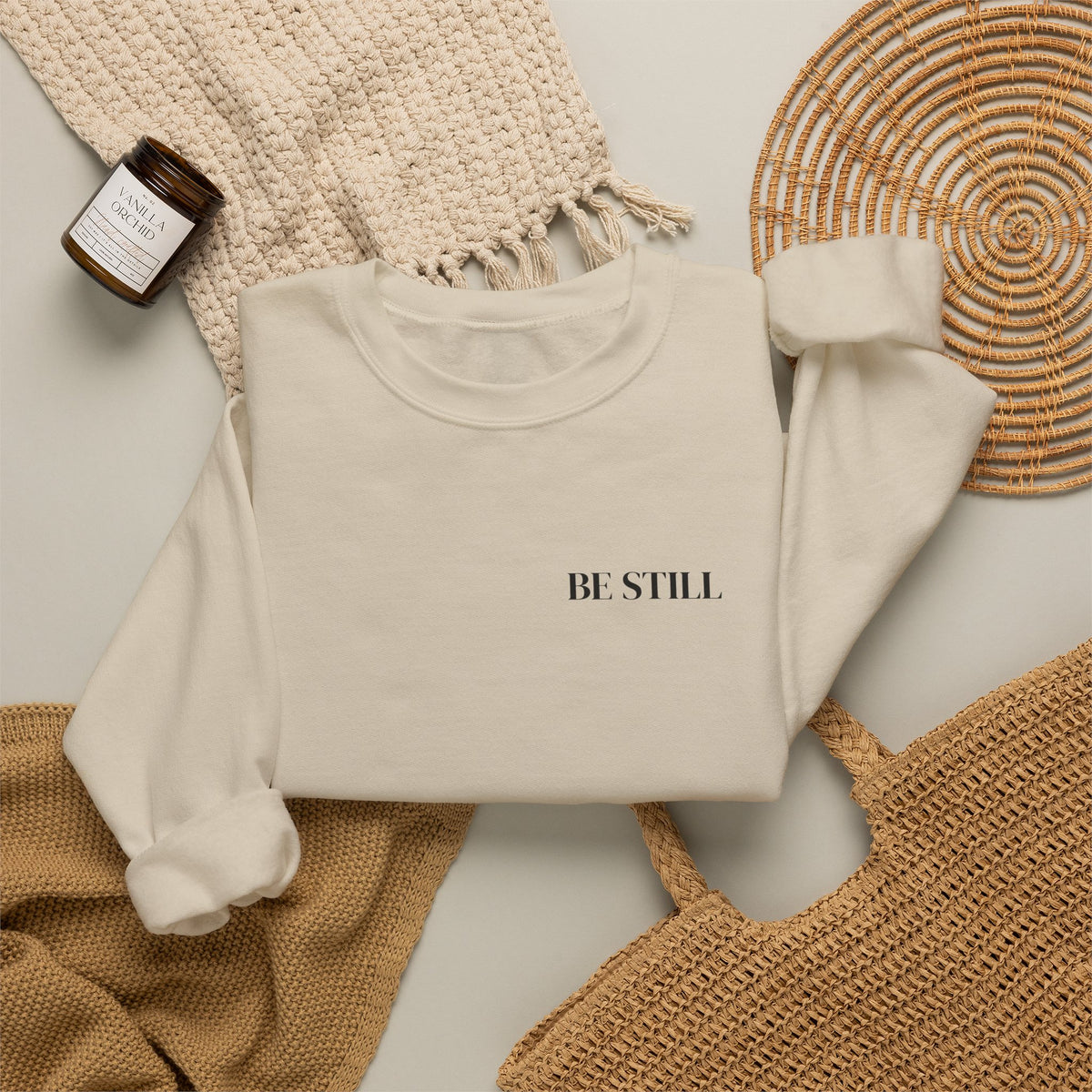 BE STILL Sweatshirt | Minimal Christian Quote Unisex Crewneck